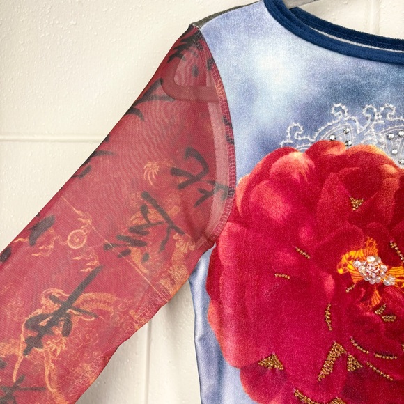 Jane Doe Y2K 90s Grunge Vintage Mesh Sleeve Top Size Medium Floral Blue Red - Picture 5 of 13